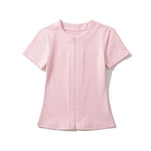 Korean Womens Fashion Solid Color Double Zipper Round Neck Short Sleeved T-Shirt