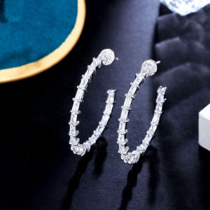 SEQUITO Simple Style Lady Jewelry Silver Gold Plated Pave Setting Multicolor Baguette Cut AAA Cubic Zirconia Bamboo Big Round Hoop Earrings for Prom Party SE683