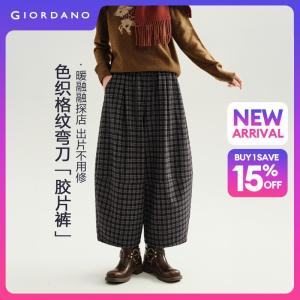 Giordano Women Wool-blend elastic waist ankle length plaid pants Free Shipping 18426515
