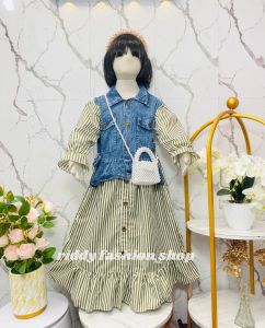 LONG DRESS RAYSA SALUR MIX ROMPI JEANS ANAK PEREMPUAN USIA 3 - 12 TAHUN / DRESS SALUR KOMBINASI VIRAL ANAK TERBARU