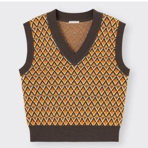 (GU Nhật chính hãng) Nữ - Áo gile len cổ V vai rộng hoa tiết kẻ chéo