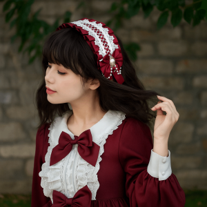 NOVELLEO หวาน ที่คาดผมลูกไม้โลลิต้า ไข่มุก โบว์ริบบิ้น ชุดคอสเพลย์แม่บ้าน น่ารัก ของตกแต่งผม คลิปผมโลลิต้า สาวๆ