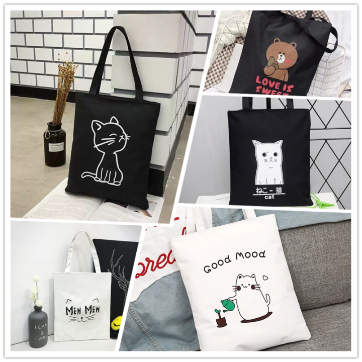 กระเป๋าผ้าสุดคิ้วท์ กระเป๋าสะพาย แมว ถุงผ้า มีซิป Tote Bag เนื้อผ้าดี ...