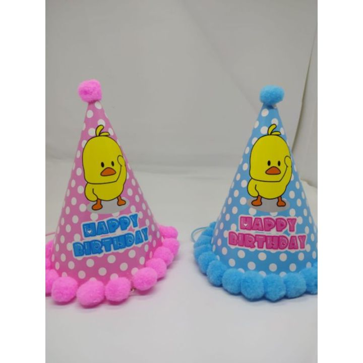 TOPI ULANG TAHUN KERUCUT HBD POMPOM AYAM 45 / TOPI HAPPY BIRTHDAY