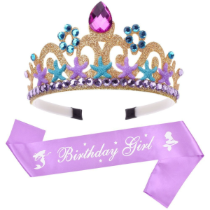 Purple Mermaid Crown Sash Set Little Mermaid Headwear Shoulder Strap For Girls Woman Birthday Party Accessories
