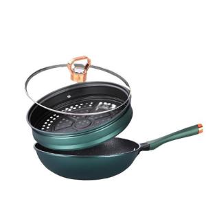 กระทะหินอ่อน ทรงลึกขนาด30ซม+ที่นึ่งพร้อมฝากระจกประดับเพชร สีเขียว แข็งแรง เคลือบเทปล่อน สามารถใช้งานได้ทุกเตา