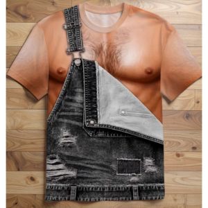 [Local Stock] VCC Mens Funny 3D Fake Denim Overalls Print Short Sleeve T-Shirt Crew Neck Novelty Casual Streetwear Camiseta Summer Humor Tees Tops