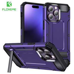 FLOVEME Shockproof Metal Folding Invisible Bracket Stand Phone Case For iPhone 14 13 12 11 Pro Max 14 Plus Armor Heavy Duty Rugged Matte Hard PC Back Cover For iphone X XR XS Max