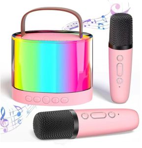✅SG Seller✅】RICHMENT Mini Wirless Bluetooth Speaker Mini Karaoke Machine Portable Bluetooth Karaoke Speaker Mini Karaoke Machine with 2 Wireless Microphones and Led RGB Colorful Lights Birthday Gifts Toys for Girls Boys Family Home(with FREE SHIPPING)