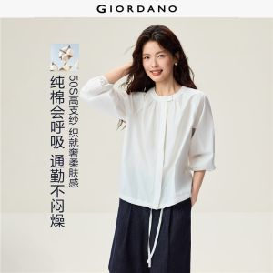 Giordano Women Gathered round neck raglan sleeve cotton shirt Free Shipping 05346859
