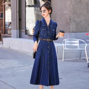 Fashion long-sleeved denim dress womens new retro denim dress waist denim dress