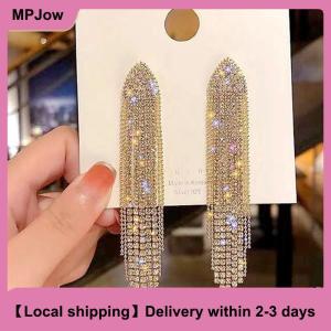 【Local shipping】 Long Tassel Full Rhinestone Drop Earrings For Women Ovsize Dangle Earrings Fashion Jewelry Accessories
