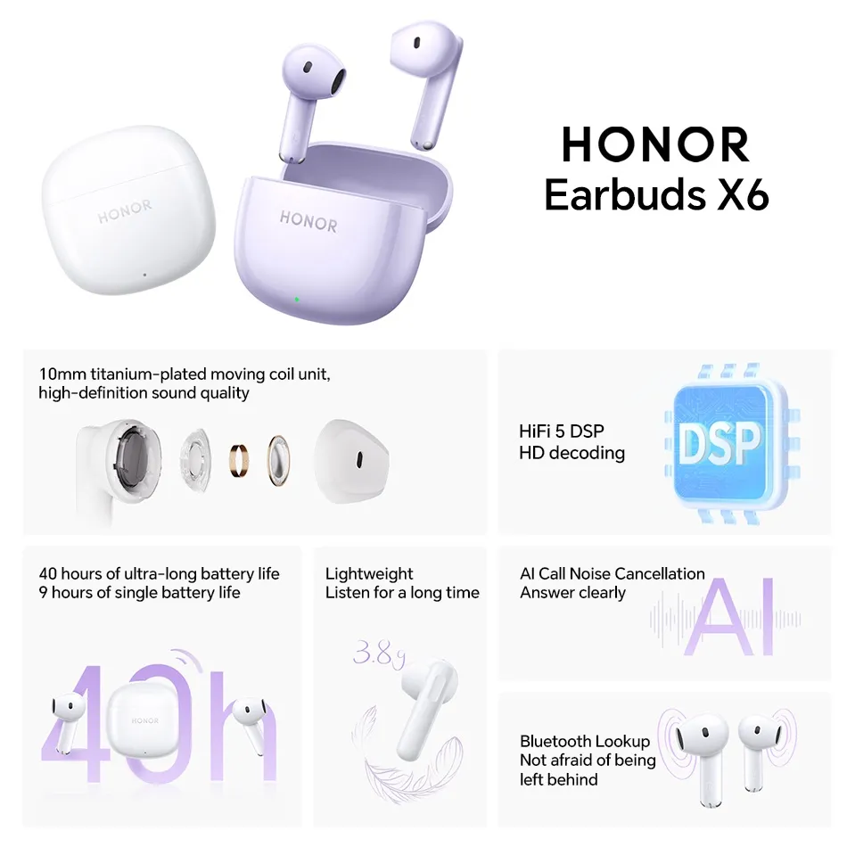 Honor Earbuds X6 TWS Earphone Bluetooth 5.3 Call Noise Cancelling True  Wireless Headphone 40 Hour Battery Life | Lazada