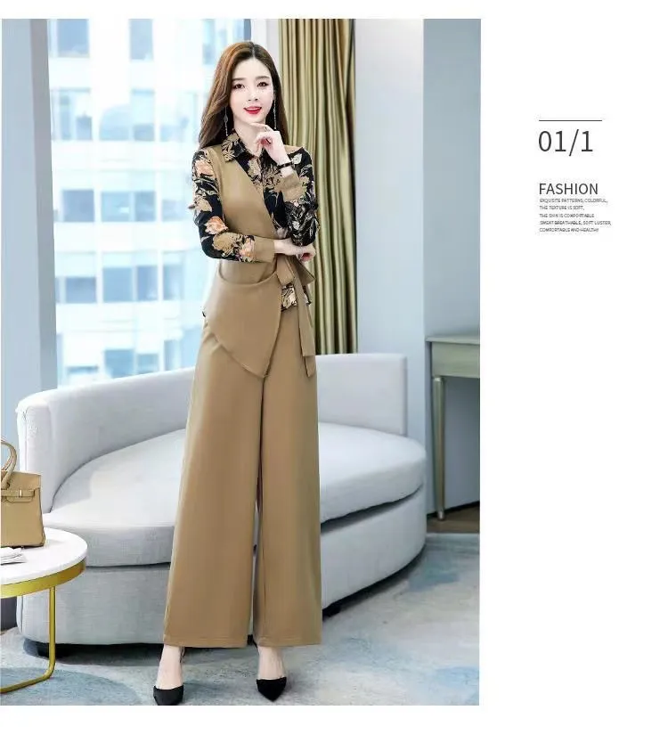 Office lady floral chiffon blouse korean style wide-leg pants suit