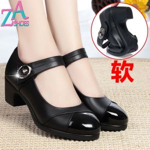 ZAZA Women Korea Black Leather Shoes for Work Kasut Kerja Perempuan Lady Women Thick Heels Soft Dance Velcro Shoes 2021 New