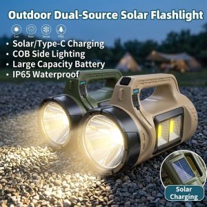 Solar Flashlight Portable Rechargeable Dual Lights USB Solar Charging Waterproof Emergency Camping