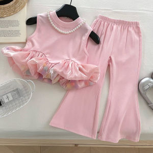 Sundaykids 1-7Y Girls Terno Pink Solid Color Vest With Trousers Set Princess Suit Outfit
