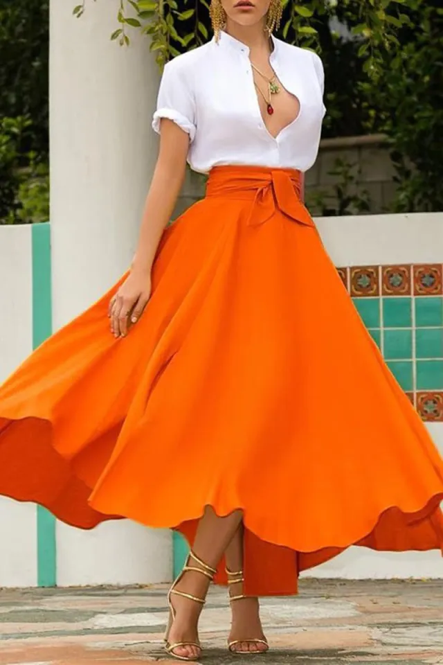 Ready Stock-Women's Solid Color High Waist A Line Skirt Fashion Slim Waist  Bow Belt Flared Pleated Long Red Orange Yellow Gypsy Maxi Skirt