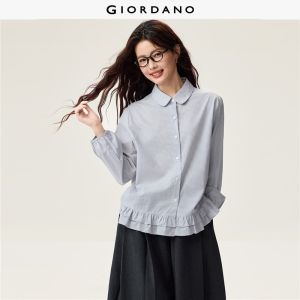 GIORDANO Women Shirts Gingham Doll Collar Loose Shirts Ruffle Hem Long Sleeve Fashionable Casual Cotton Shirts 13346603