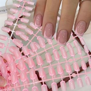 PLNBFG 120Pcs Medium Length Press On Nails Square Shape White Edge Fake Nails Fashion Nude Pink French Tip Nails