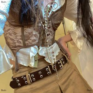 [COD] Buin Fashion Men Women Punk Style Chain Belt Adjustable Hollow Star Double Breasted Buckle Metal Buckle Leather Jeans Waistband