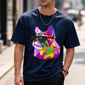 [Local Stock] HBESTY  Cat Pop Art Funny Cat Lover Men Boys T-Shirt Funny Outdoors High Quality Cotton Short-sleev Regular Streetwear Breathable Tees