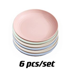 6pcs/Set Wheat Straw Round Plastic Tableware Saucer Plate Dried Fruit Snack Plate Desert Fruit Dish Service Plate