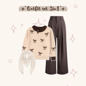 One Set Wanita Korea Coquette Hijab Bella Square & Sweater Rajut Pita & Celana Kulot Knit Choco 57A