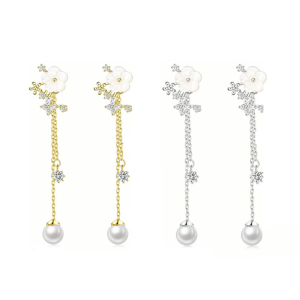 Elegant Simulated Pearls Flower Dangle Earrings Long Gold or Silver Plated Chain For Brides Special Occasions