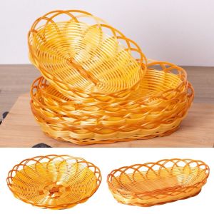MIRELINA Round Imitation Rattan Basket Plastic Woven Food Plate  Fruit Tray Breakfast Cake Snack