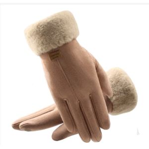 1Pair Women Fashion Winter Gloves Warm Windproof and Cold Touch Screen Cotton Gloves Outdoor Sport Driving Gloves Lady Suede Warm Plush Inside Finger Black Gloves