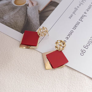 Fashionable Ring Gift 方形耳钉女小众设计感复古红色耳环轻奢耳饰耳坠女N1090几何形