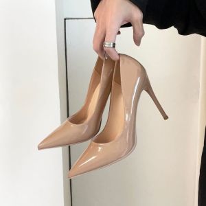 Free Shipping New Nude High Heels For Women Elegant And Stylish With A Unique Design Patent Leather Thin Heels Pointed Toes And A Shallow Opening