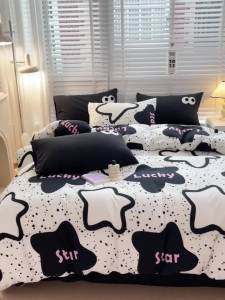 ins Simple Bedding Set Four-Piece Washed Cotton Bed Sheet Duvet Cover Single Double Student Dormitory Three-Piece Pillowcase LZD