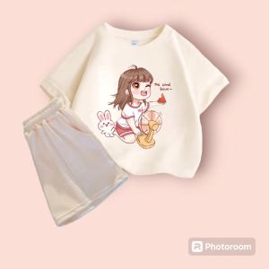 Set bộ quần áo cộc tay hình Cô Gái Thỏ và Quạt đơn giản dễ thương mùa hè chất vải cotton mềm mịn co giãn thoáng mát Size từ 9-53kg