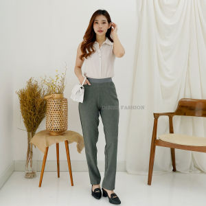 Celana Dibihi Kerja Wanita Formal Kantor Bahan Panjang Pinggang Karet Import