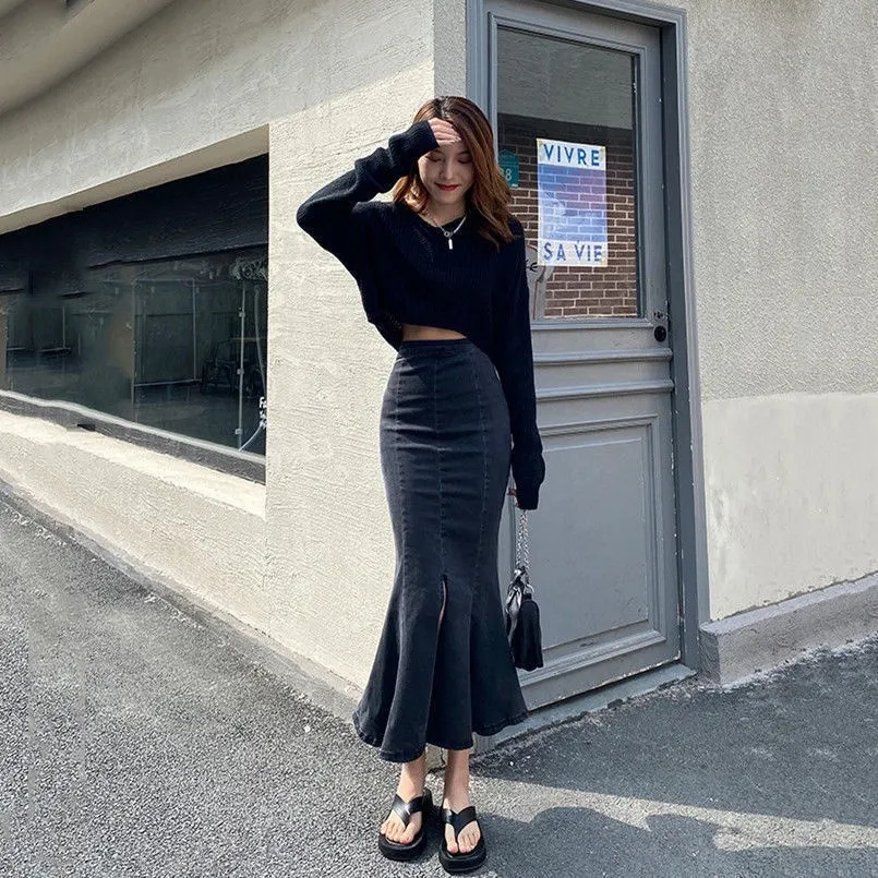 Follow my fashion Denim Mermaid Skirt / High Waist Long Jeans Skirt Plain  Pleated Skirt