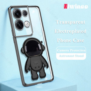 NIWINEE Fashion Black Plating Phone Case For OPPO Reno 8T 8Z 7Z 8 7 6 4G 5 Pro 5G 2 2F Astronaut Stand Casing Transparent Soft Shockproof Bracket Back Cover Reno8 T Reno7 Z