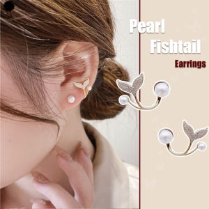 【small chrysanthemum】Ins Ladies New Fashion Micro-inlaid Zircon Mermaid Earrings Personalized Design Fishtail Pearl Earrings Korean Sweet Jewelry Party Gifts