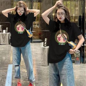 Áo thun cotton ngắn tay nữ mùa hè phong cách Hàn Quốc mới oversized vừa vặn in họa tiết dài vừa