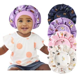 4 Pcs Silk Bonnet for Sleeping Kids Bonnets for Girls Baby Satin Sleep Cap Hair Wraps for Curly Natural Hair Elastic Wide Band