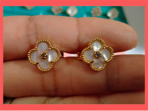 14K Thailand Gold Lucky Clover Stud Earrings with Crystal Center | Non-Tarnish | Hypoallergic