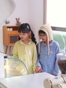 2025 Autumn Winter Childrens Plaid Button Turn-Down Collar Cardigan Homewear for Boys and Girls Fine Brushed Pajama Set