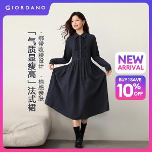 GIORDANO Women Dresses Ruffle Trim Placket Shirt Dresses Tie Waist Long Sleeve Fashionable Casual Maxi Dresses 13466711