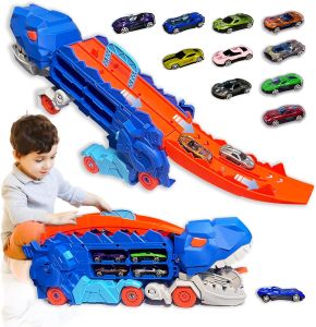 Dinosaur Truck Toys for Kids Transformable T-Rex Dinosaur Cars Transport Truck Carrier Car Toy with 4pcs Alloy Car