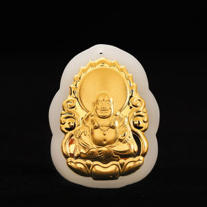 Pure gold and white jade pendant featuring Guanyin Maitreya Buddha Pixiu and Ruyi with gold inlay and jade accents Product catalog set of necklaces wholesale
