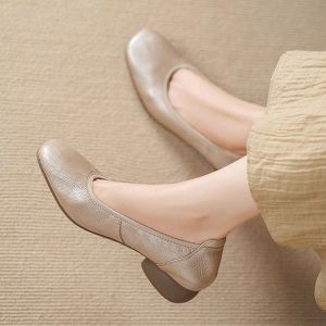 Free Shipping Comfortable Autumn Soft Leather Soft-Soled WomenS Shoes Round-Toe Chunky Heel Low Heel Slip-On Grandma Shoes MomS Shallow Leather Shoes
