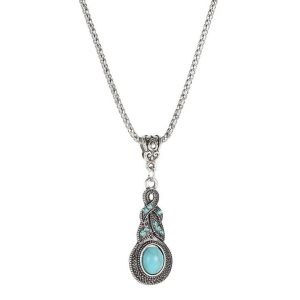 Bộ Vòng Cổ Khuyên Tai Trang Sức Phong Cách Retro Cổ Điển Thanh Lịch Hình Giọt Nước Gắn Đá Màu Xanh Sang Trọng Độc Đáo Dây Chuyền Bông Tai To Bản Màu Bạc VC-108 KT-168