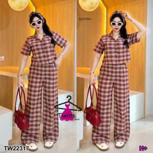 TW22317 Set ลายสก็อต 3 ชิ้น เสื้อครอป +กางเกงขายาว +สายผูกโบว์