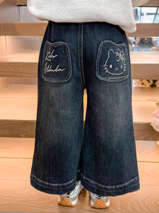 Christmas gifts Halloween Anime Hello Kitty Girls Pants Autumn Kawaii Jeans Sanrio Child New Fashion Straight Leg Pants Soft Embroidered Wide Leg Pants